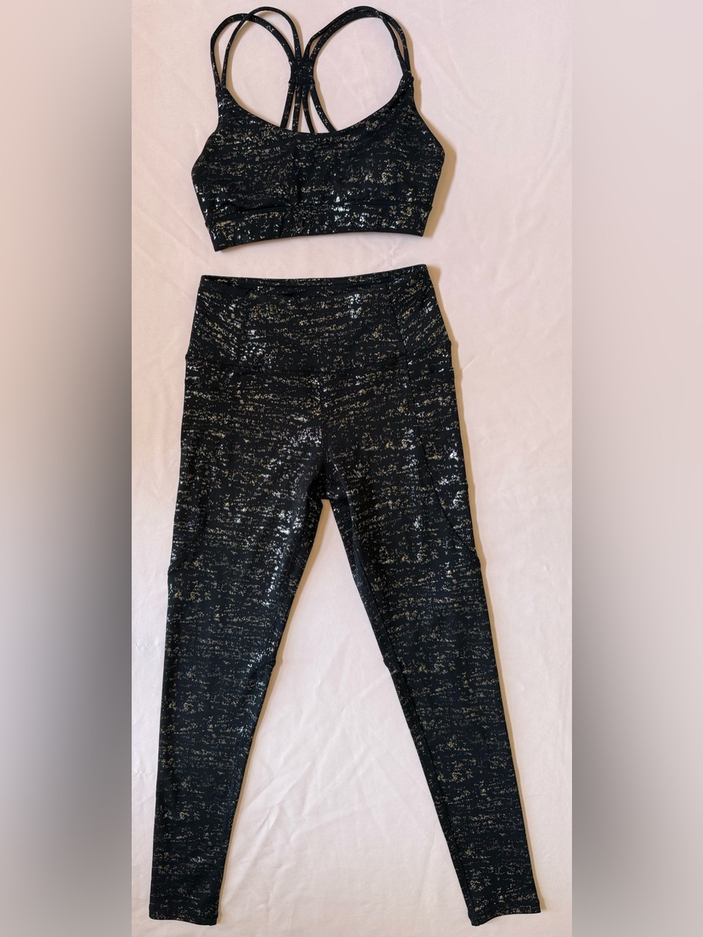 Forever 21 Black Metallic Space-Dye Leggings with Strappy Sports Bra Set-Small